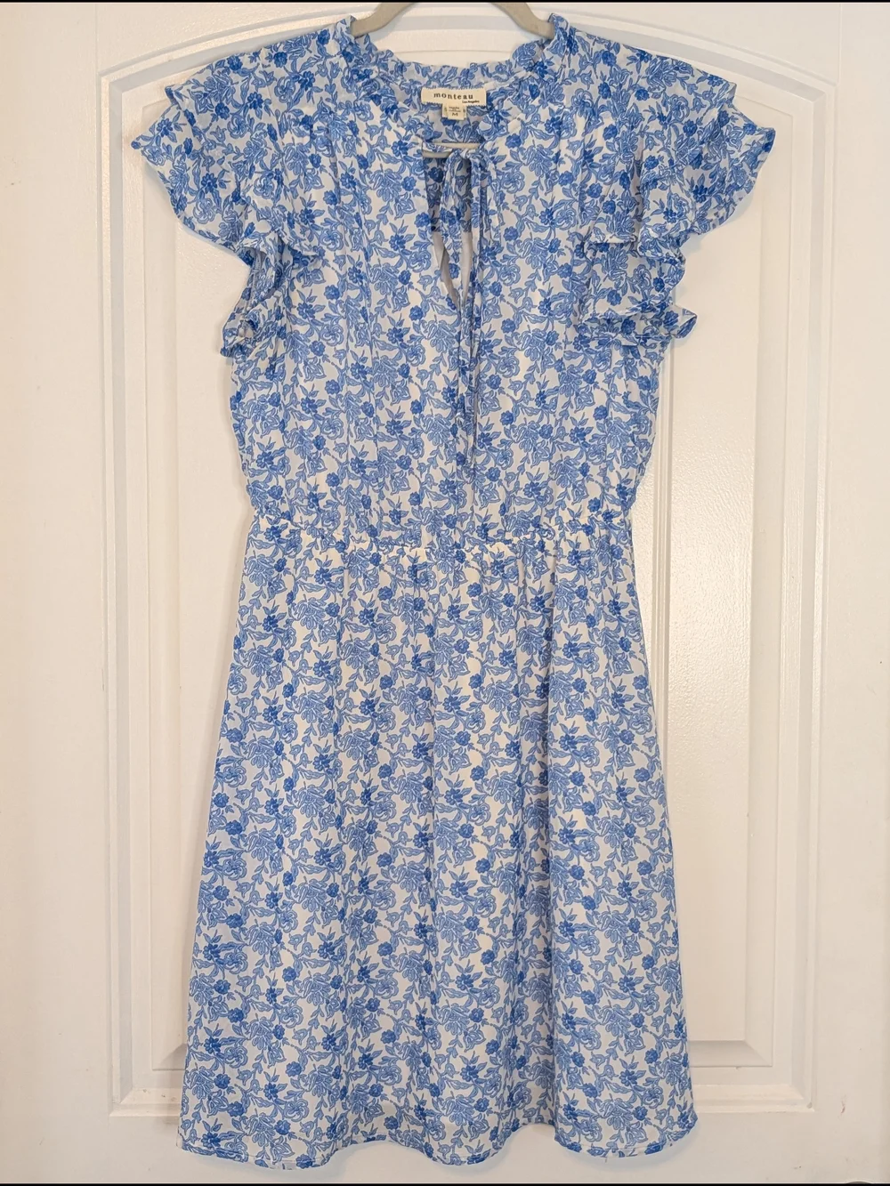 Monteau Blue and White Floral Patterned Ruffle Sleeve Dress - Picture 1 of 12